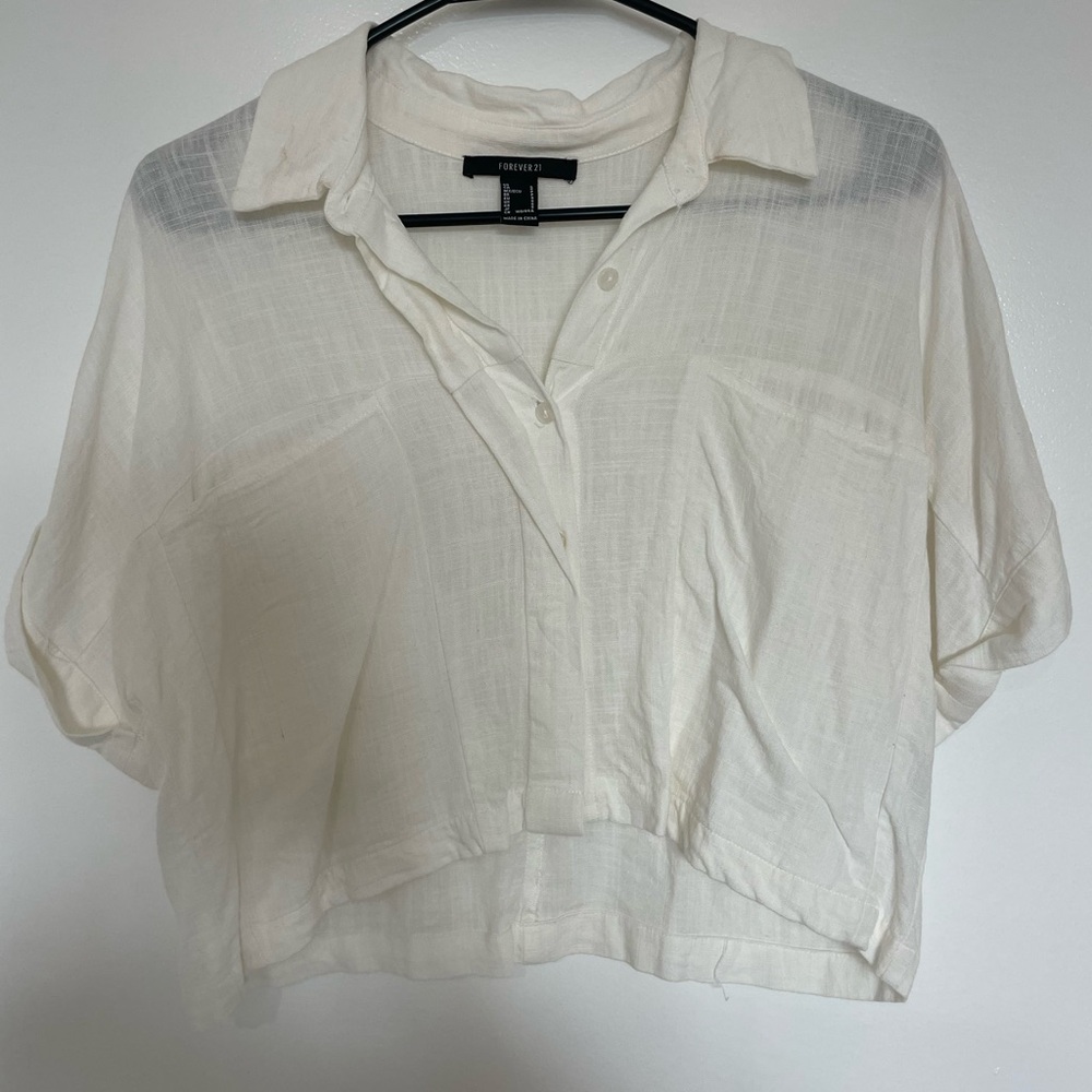 Forever 21 Cream Boxy Crop Button Down Shirt